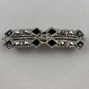 VTG Barrette Silver Tone Rhinestones Black Enamel Accents Hair Clip France